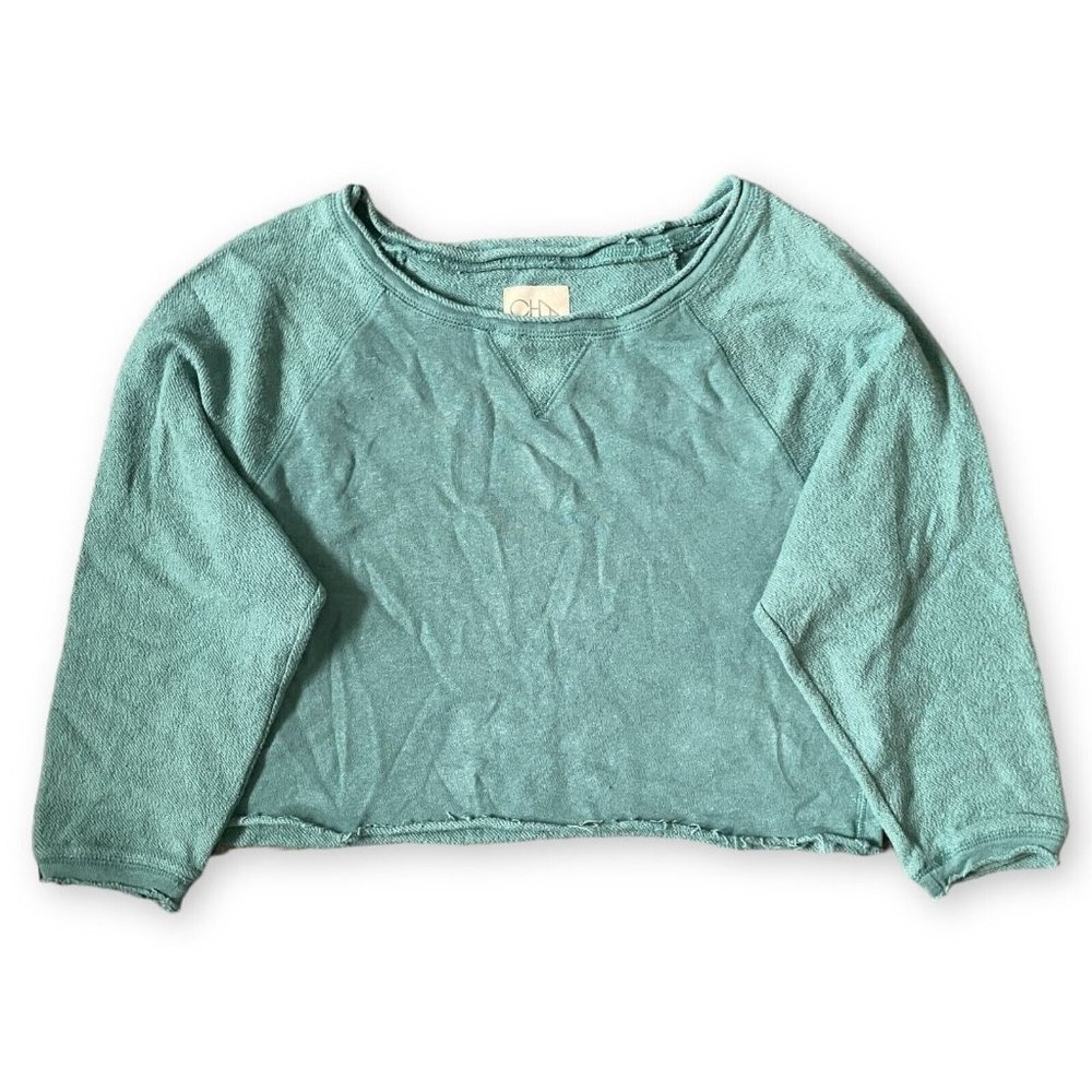 Chaser Cropped Sweatshirt Women Sz S Green Linen Cotton Blend Raw Hem Oversized